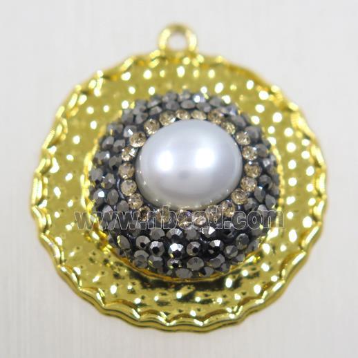 copper circle pendant paved rhinestone with pearl, gold plated