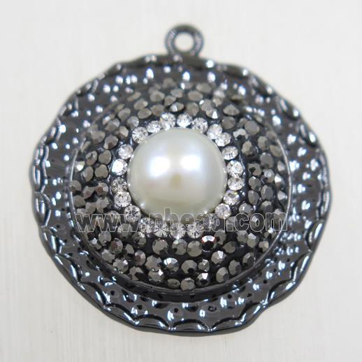 copper circle pendant paved rhinestone with pearl, black plated