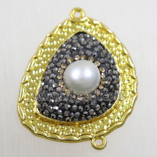 copper teardrop connector paved rhinestone with pearl, gold plated