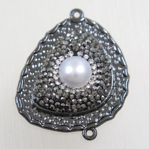 copper teardrop connector paved rhinestone with pearl, black plated