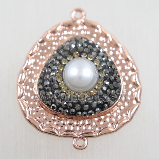 copper teardrop connector paved rhinestone with pearl, rose gold