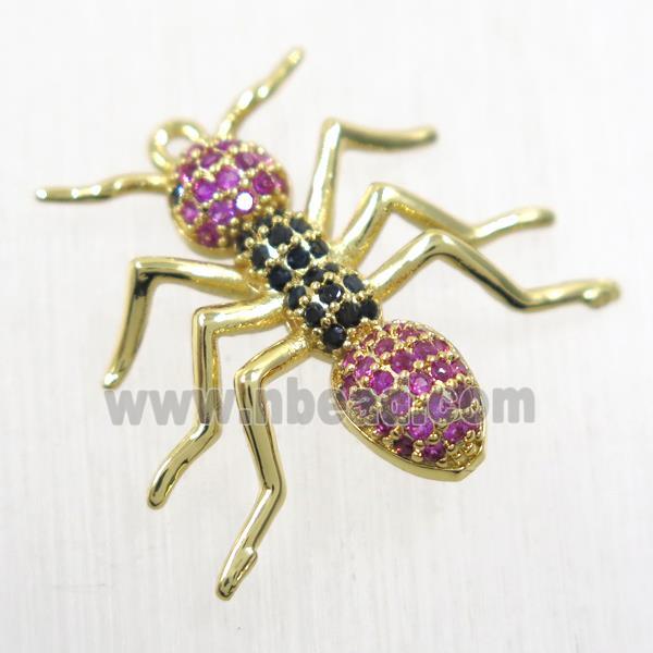 copper Ant pendant paved zircon, gold plated