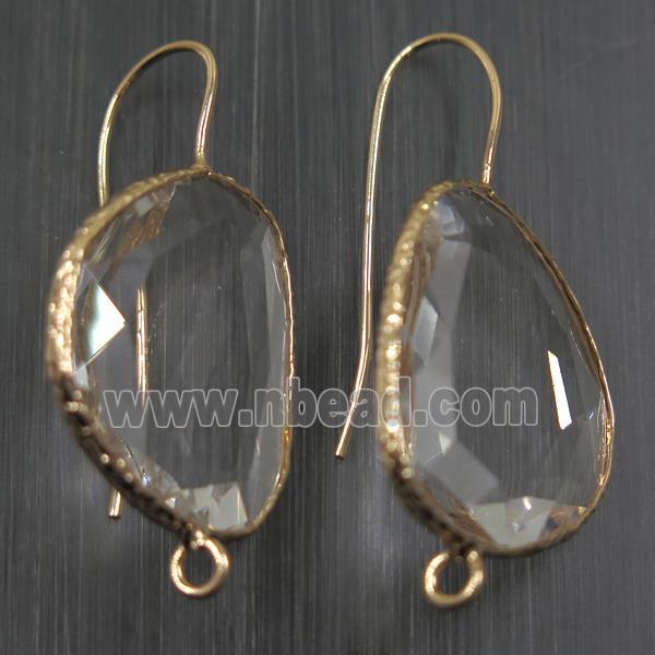 clear crystal glass earring hook with loop, gold plated