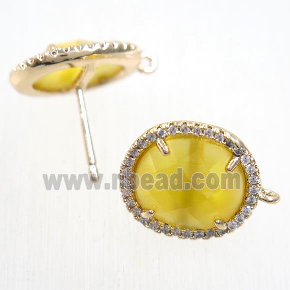 copper earring studs paved zircon with yellow crystal glass, gold plated
