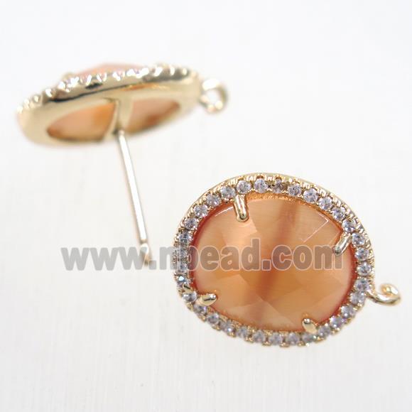 copper earring studs paved zircon with orange crystal glass, gold plated