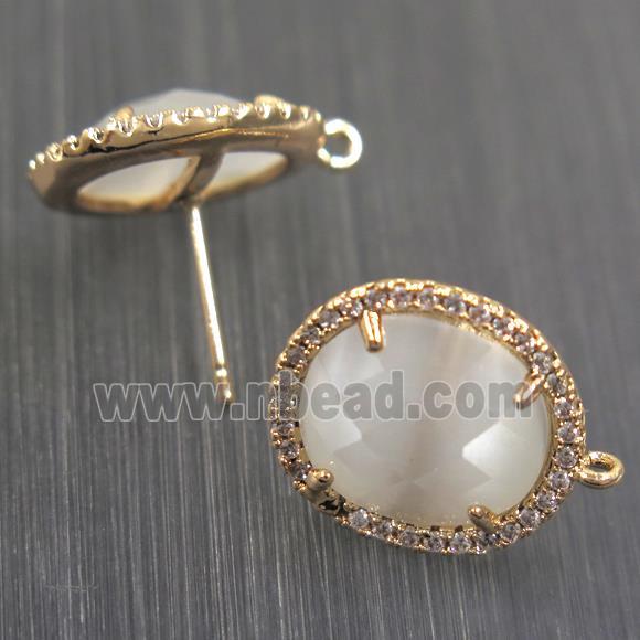 copper earring studs paved zircon with white crystal glass, gold plated