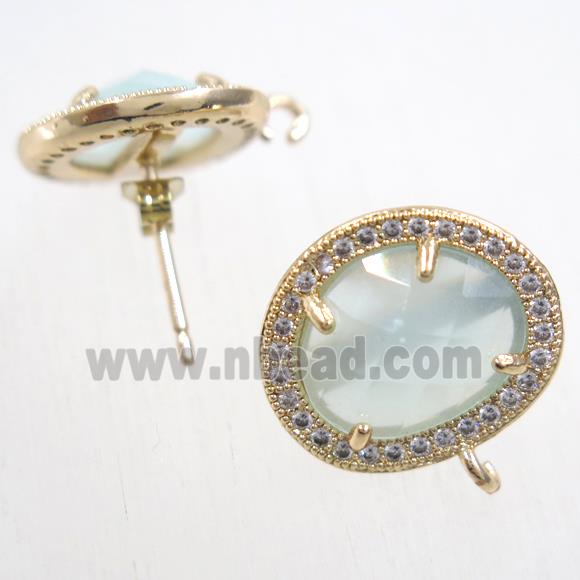 copper earring studs paved zircon with lt.blue crystal glass, gold plated