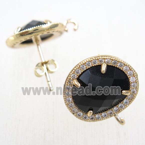 copper earring studs paved zircon with black crystal glass, gold plated