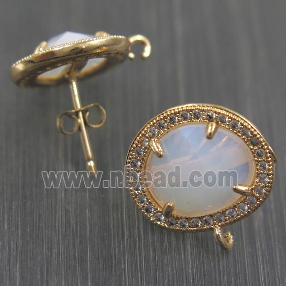 copper earring studs paved zircon with white opalite crystal glass, gold plated