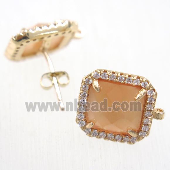 copper square earring studs paved zircon with crystal glass, gold plated