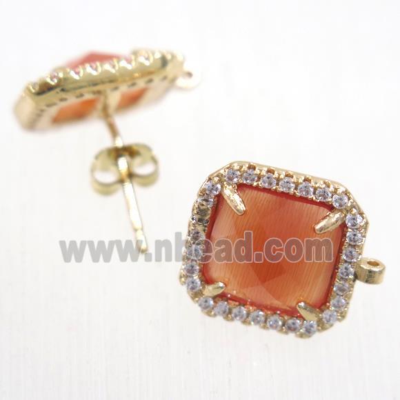 copper square earring studs paved zircon with orange crystal glass, gold plated