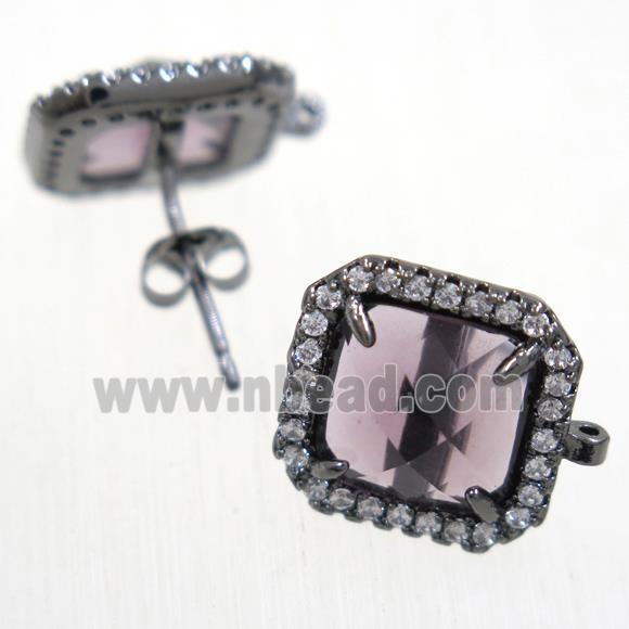 copper square earring studs paved zircon with purple crystal glass, black plated