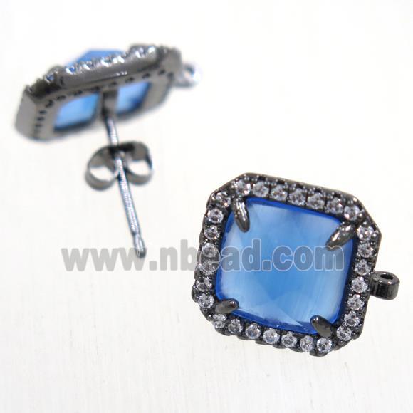 copper square earring studs paved zircon with blue crystal glass, black plated
