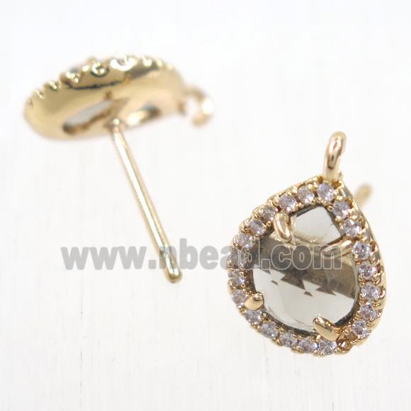 copper teardrop earring studs paved zircon with clear crystal glass, gold plated