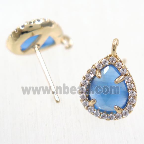 copper teardrop earring studs paved zircon with blue crystal glass, gold plated