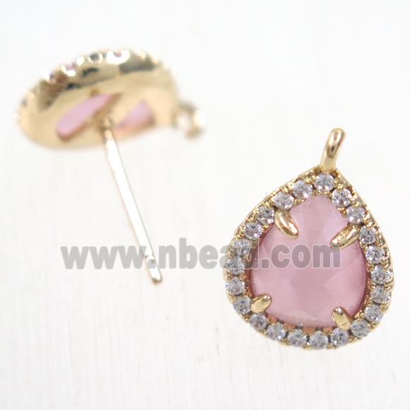 copper teardrop earring studs paved zircon with pink crystal glass, gold plated