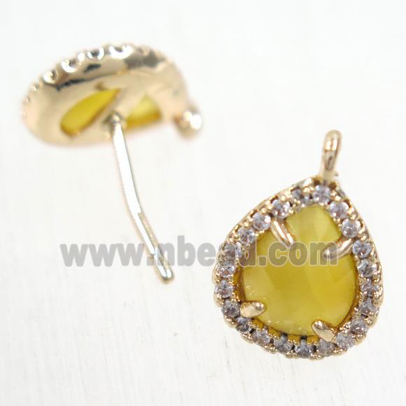 copper teardrop earring studs paved zircon with yellow crystal glass, gold plated