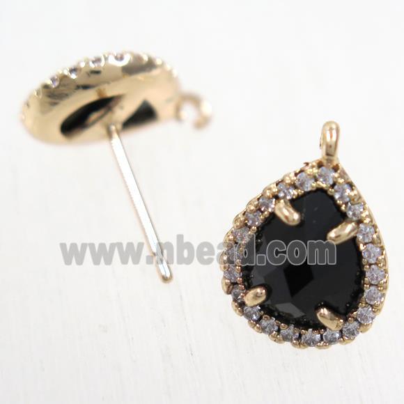 copper teardrop earring studs paved zircon with black crystal glass, gold plated