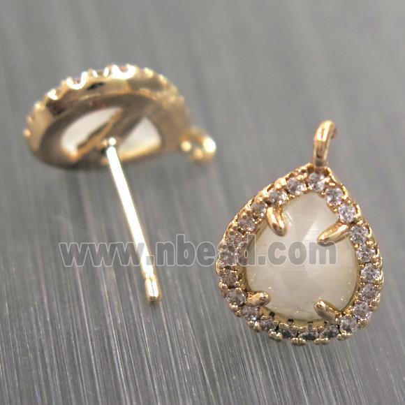 copper teardrop earring studs paved zircon with white crystal glass, gold plated