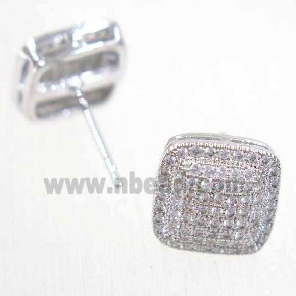 copper square earring studs paved zircon, platinum plated