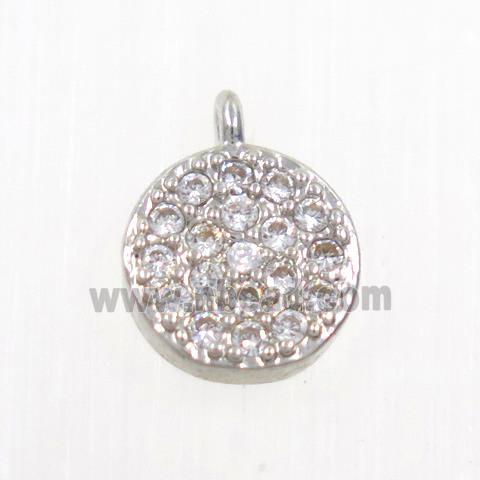copper button circle pendant paved zircon, platinum plated