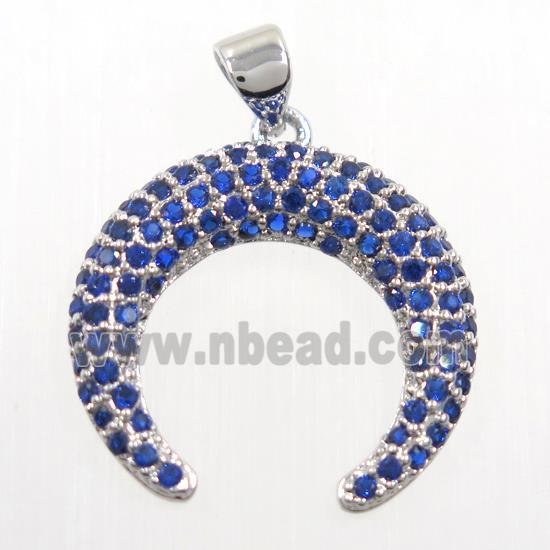 copper crescent pendant paved blue zircon, platinum plated
