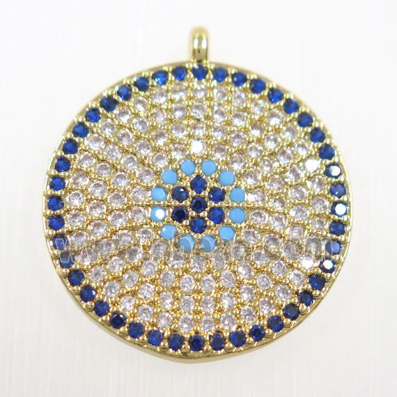 copper button circle pendant paved zircon, gold plated