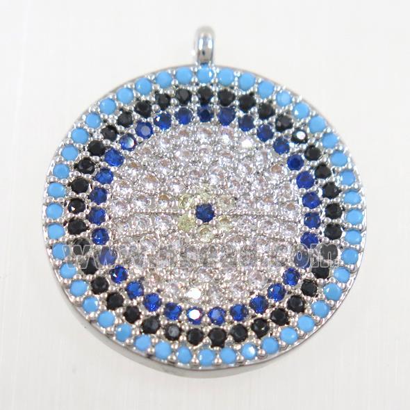copper button circle pendant paved zircon, platinum plated