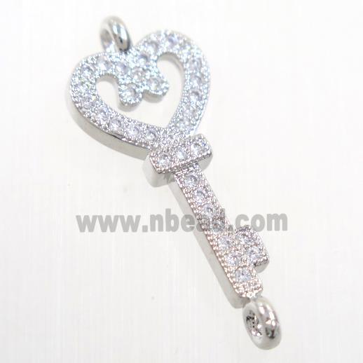 copper Key connector paved zircon, platinum plated