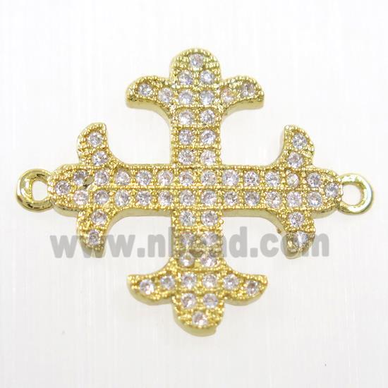 copper Cross connector paved zircon, gold plated