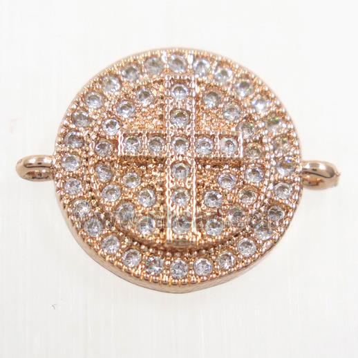 copper button cross connector paved zircon, rose gold