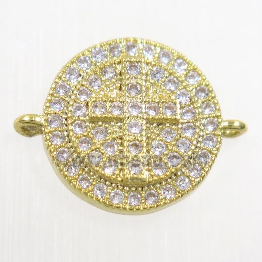 copper button cross connector paved zircon, gold plated