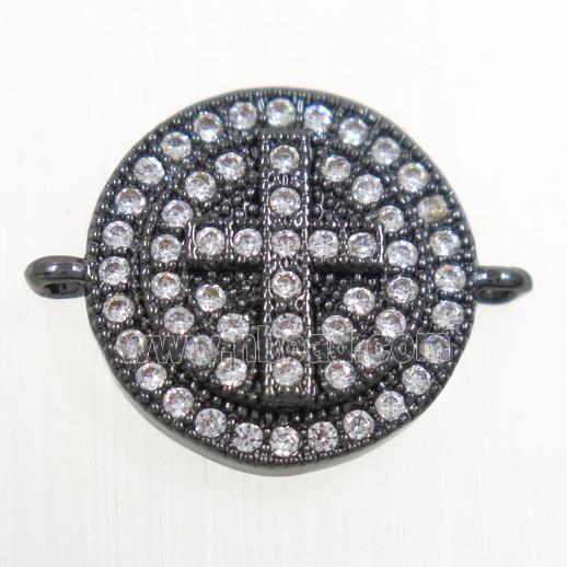 copper button cross connector paved zircon, black plated