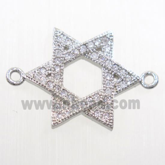 copper david star connector paved zircon, platinum plated