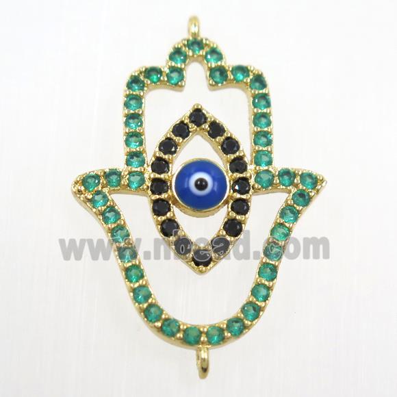 copper HamsaHand connector paved green zircon, evil eye, gold plated