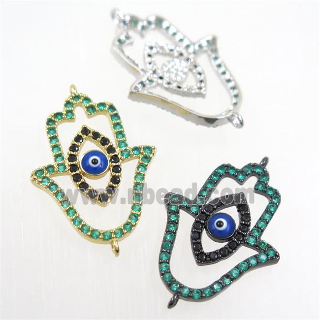 copper HamsaHand connector paved green zircon, evil eye, mix color