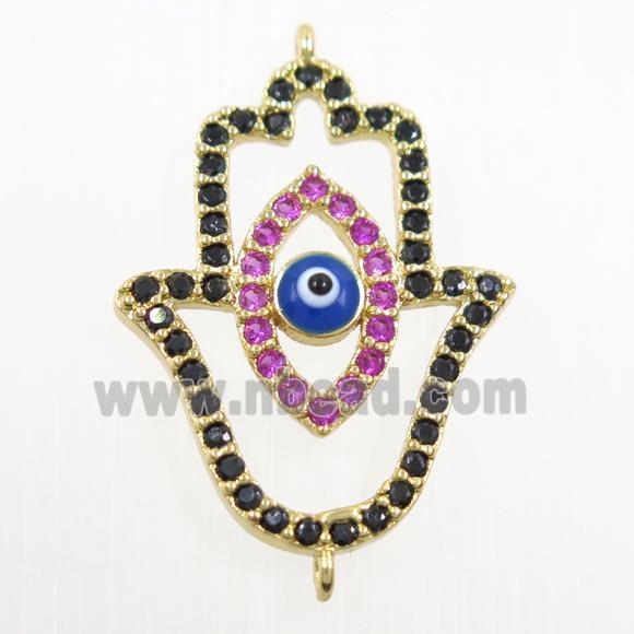 copper HamsaHand connector paved zircon, evil eye, gold plated
