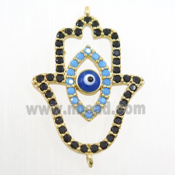 copper HamsaHand connector paved zircon, evil eye, gold plated