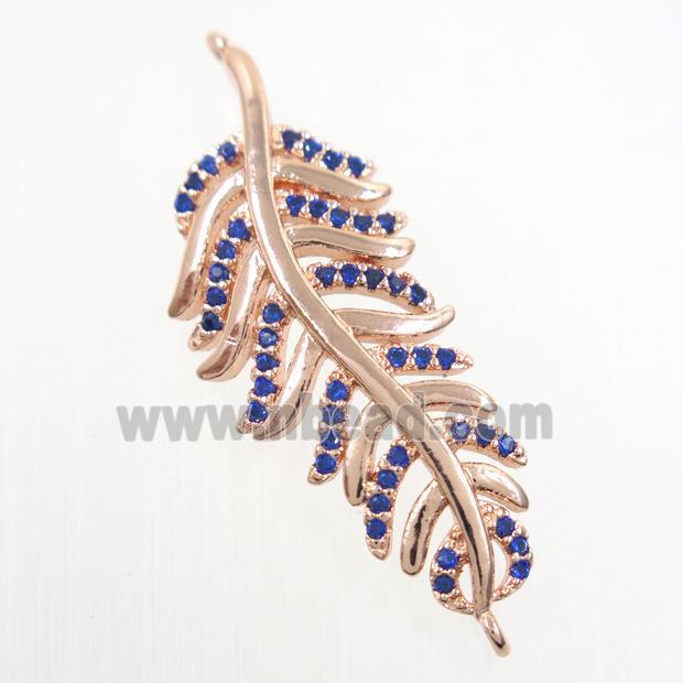 copper Leaf connector paved blue zircon, rose gold
