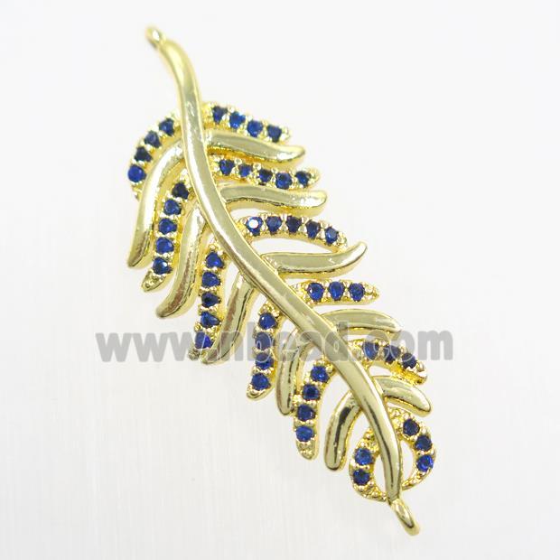 copper Leaf connector paved blue zircon, gold plated