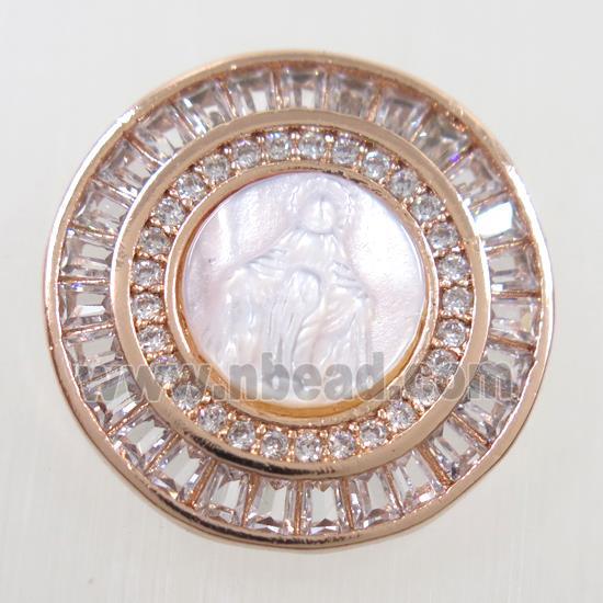 copper circle pendant paved zircon, shell Jesus, rose gold