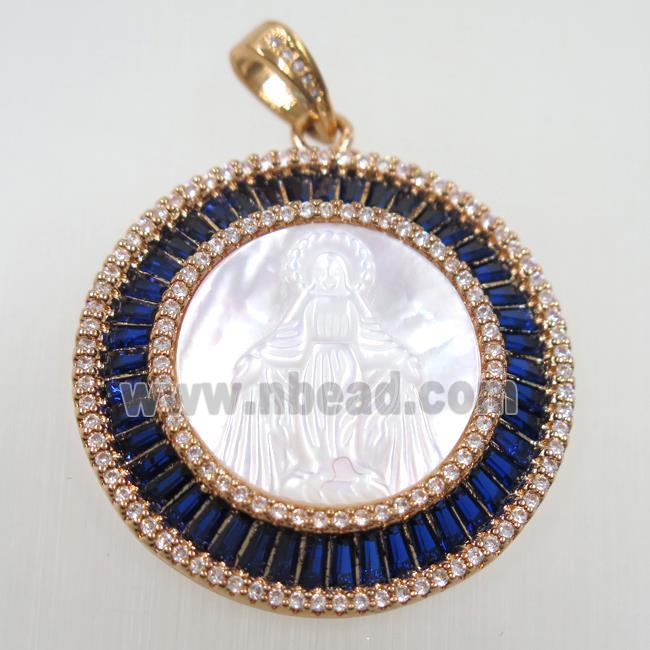 copper circle pendant paved zircon, shell Jesus, rose gold
