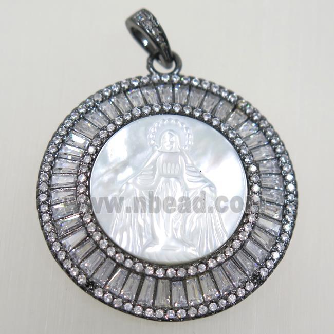 copper circle pendant paved zircon, shell Jesus, black plated