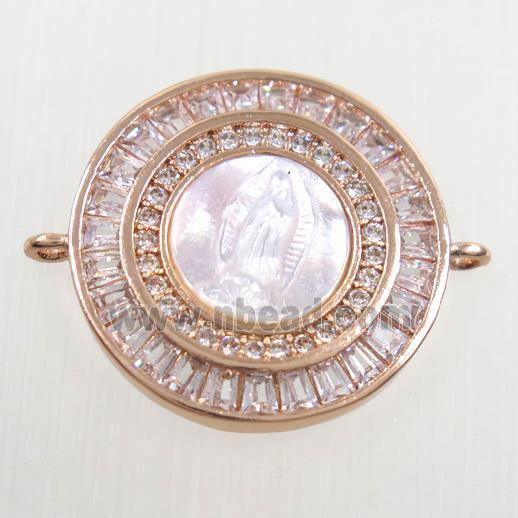 copper circle connector paved zircon, shell Jesus, rose gold