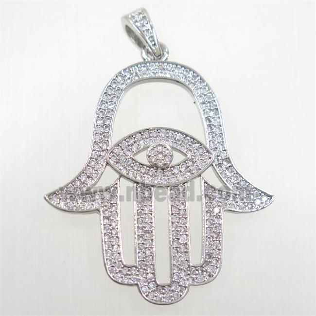 copper Hamsa Hand pendant paved zircon, platinum plated