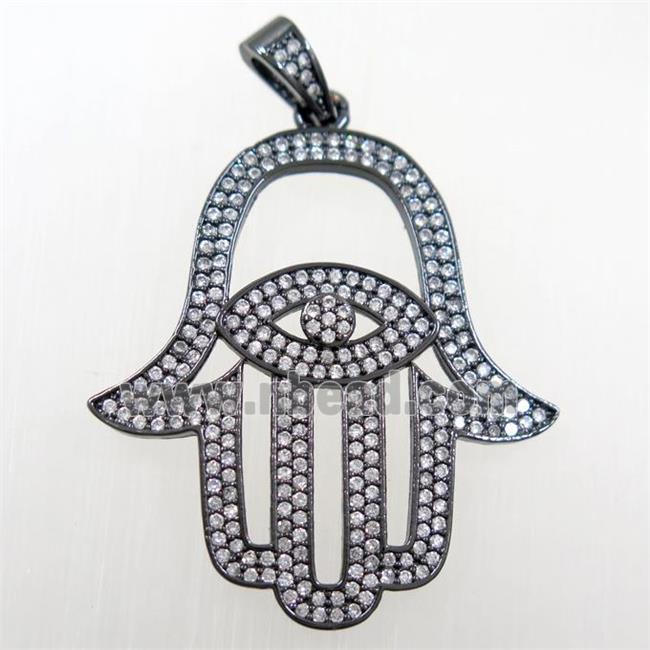 copper Hamsa Hand pendant paved zircon, black plated