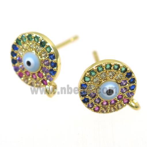 copper Earring Studs paved zircon, evil eye, gold plated