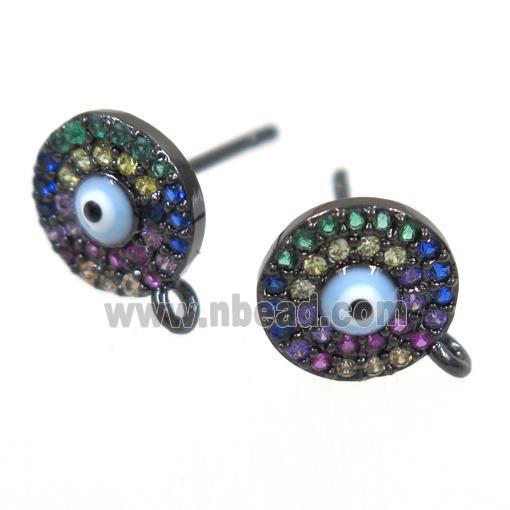 copper circle Earring Studs paved zircon, evil eye, black plated