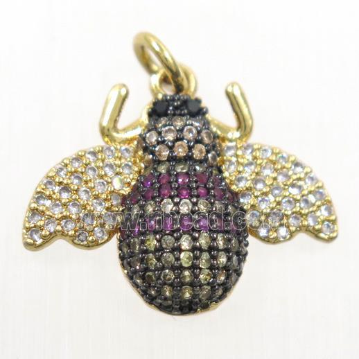 copper Honeybee charm pendant paved zircon, gold plated