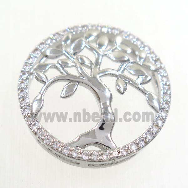 copper pendant paved zircon, circle, Tree of life, platinum plated